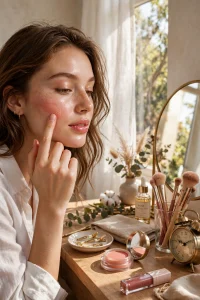 Woman applying cream blush for a fresh-faced five-minute glow